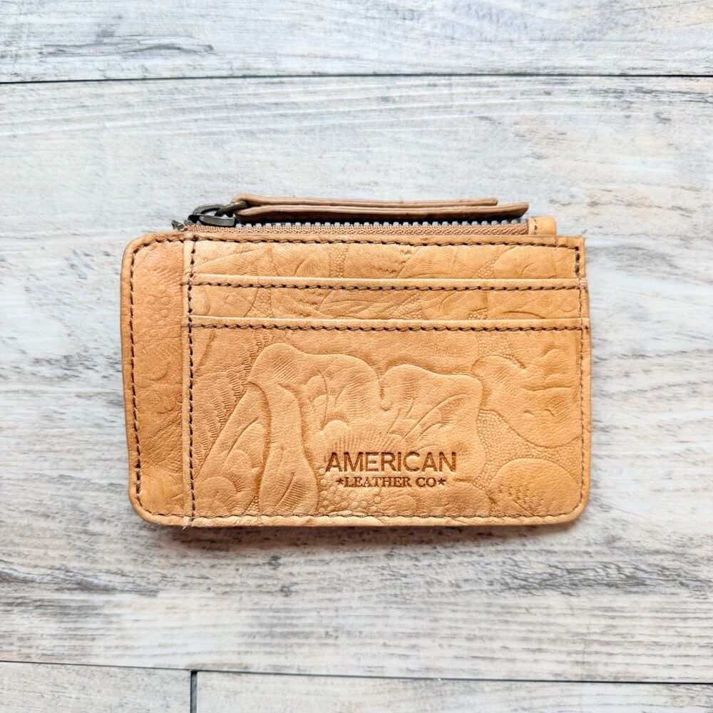 American Leather Co Tan Floral Embossed Leather Zip Card Holder ID Wallet